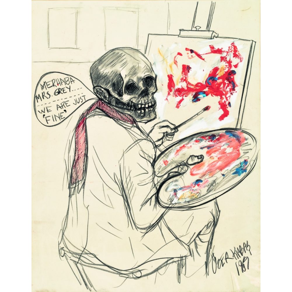 A skeletal figure paints at an easel in a sketch with a red scarf and vibrant colors on the canvas.  Transcribed Text:  MERHABA MRS. GREY... WE ARE JUST FINE. Özer Kabaş 1987.