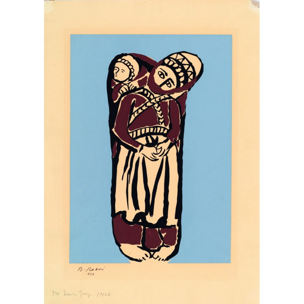 A stylized artwork of a woman carrying a child on her back against a pale blue background. Alt-text generated by AI.