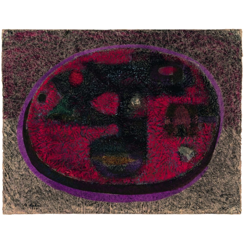 An abstract painting featuring a large red oval with dark patches and intricate textures, outlined in violet against a dark background. Alt-text generated by AI.