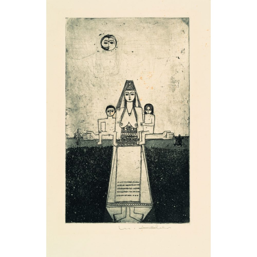 Abstract illustration of a central female figure with two smaller figures, featuring geometric patterns and monochromatic tones. Alt-text generated by AI.