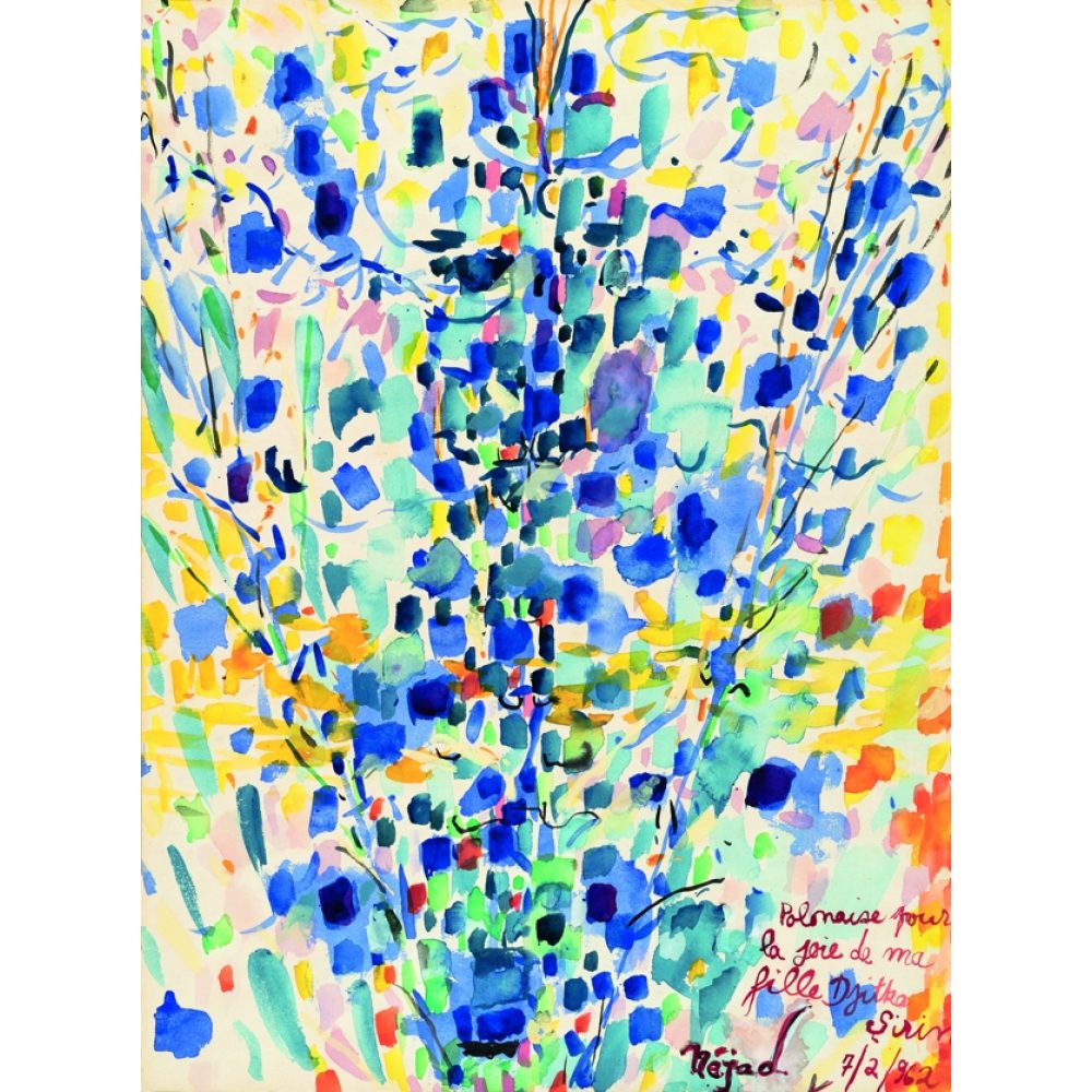 Abstract painting with vibrant blues, greens, and other color brushstrokes forming a central tree-like structure. Alt-text generated by AI.