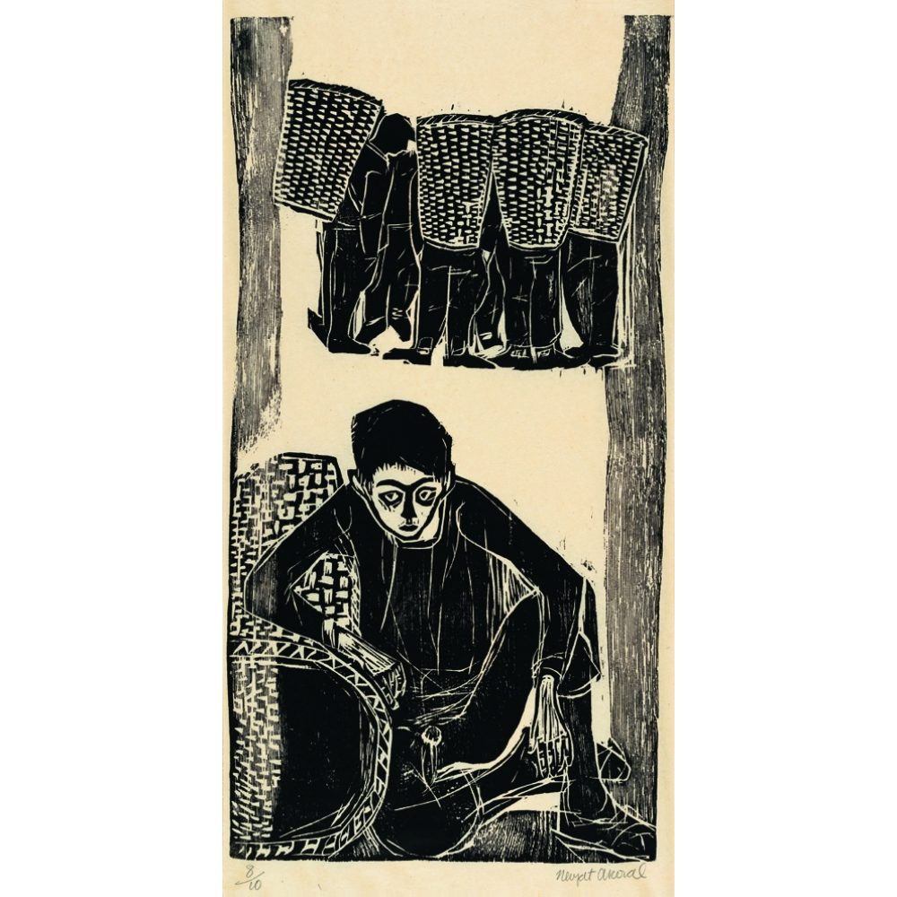 Monochromatic print of individuals with baskets and a seated person. Alt-text generated by AI.