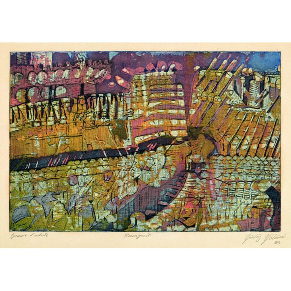 Abstract artwork with a mosaic of vibrant colors, including purple, ochre, and green, featuring intricate patterns and layered textures. Alt-text generated by AI.