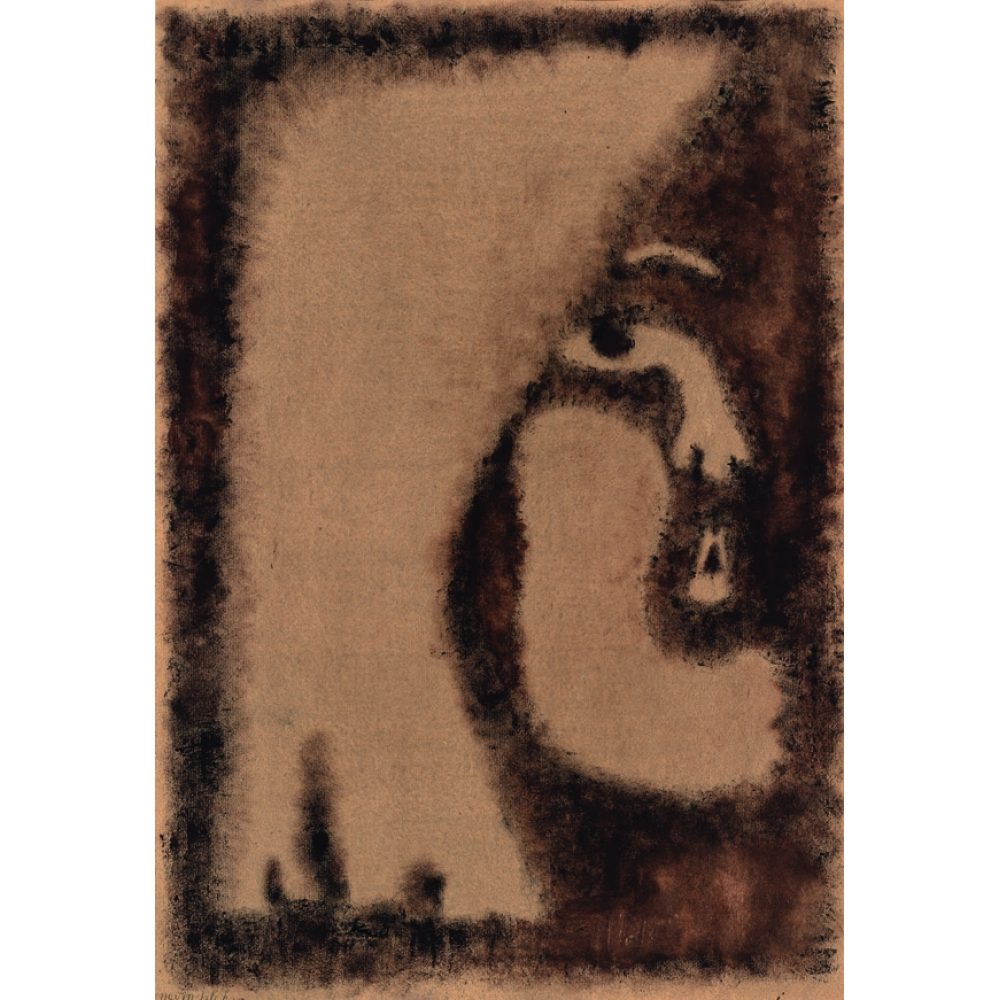 Abstract painting with a textured brown and beige background, featuring a stylized human profile. Alt-text generated by AI.