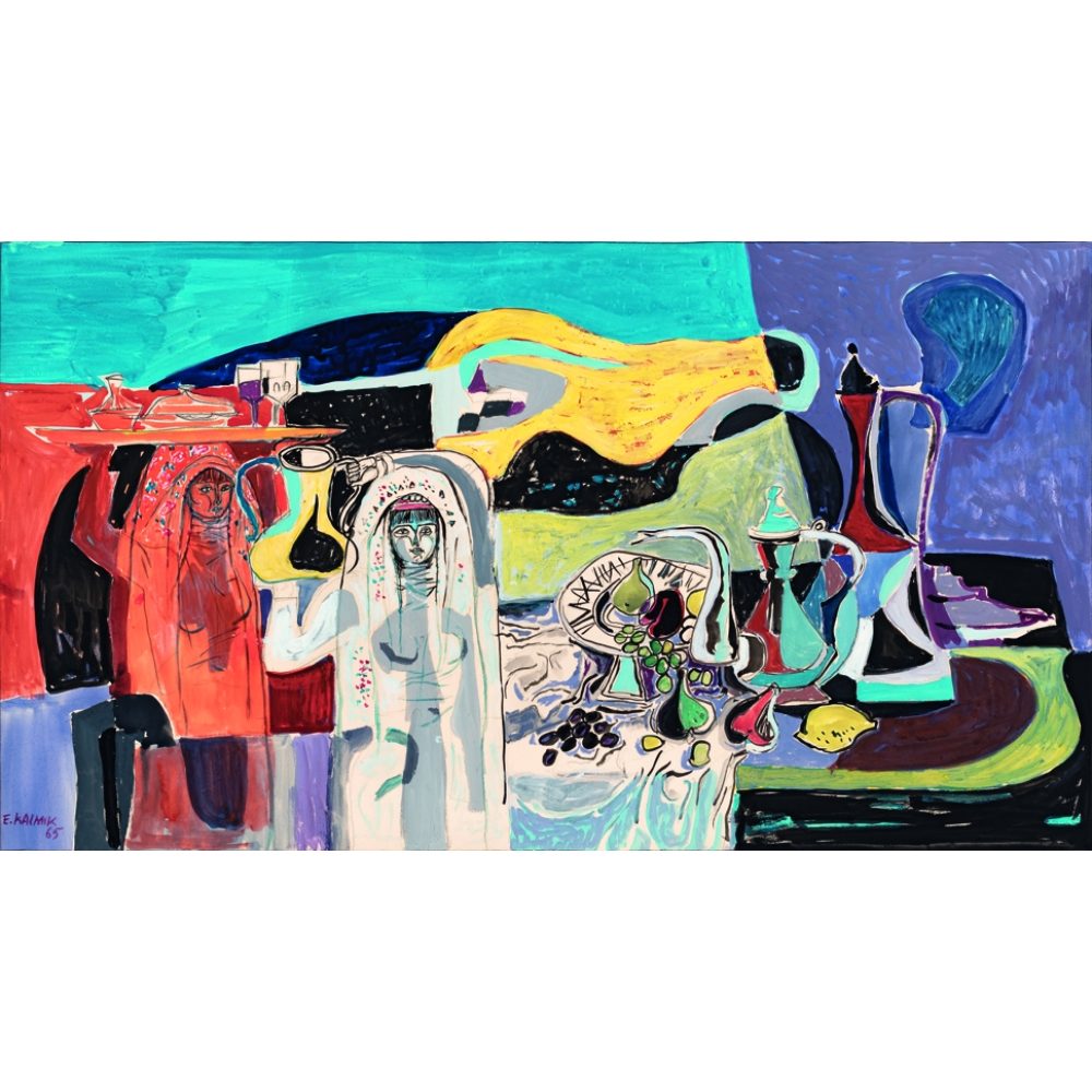 A lively and colorful abstract painting with two veiled women holding pitchers, set against a vibrant and dynamic backdrop with assorted tableware and fruit. Alt-text generated by AI.