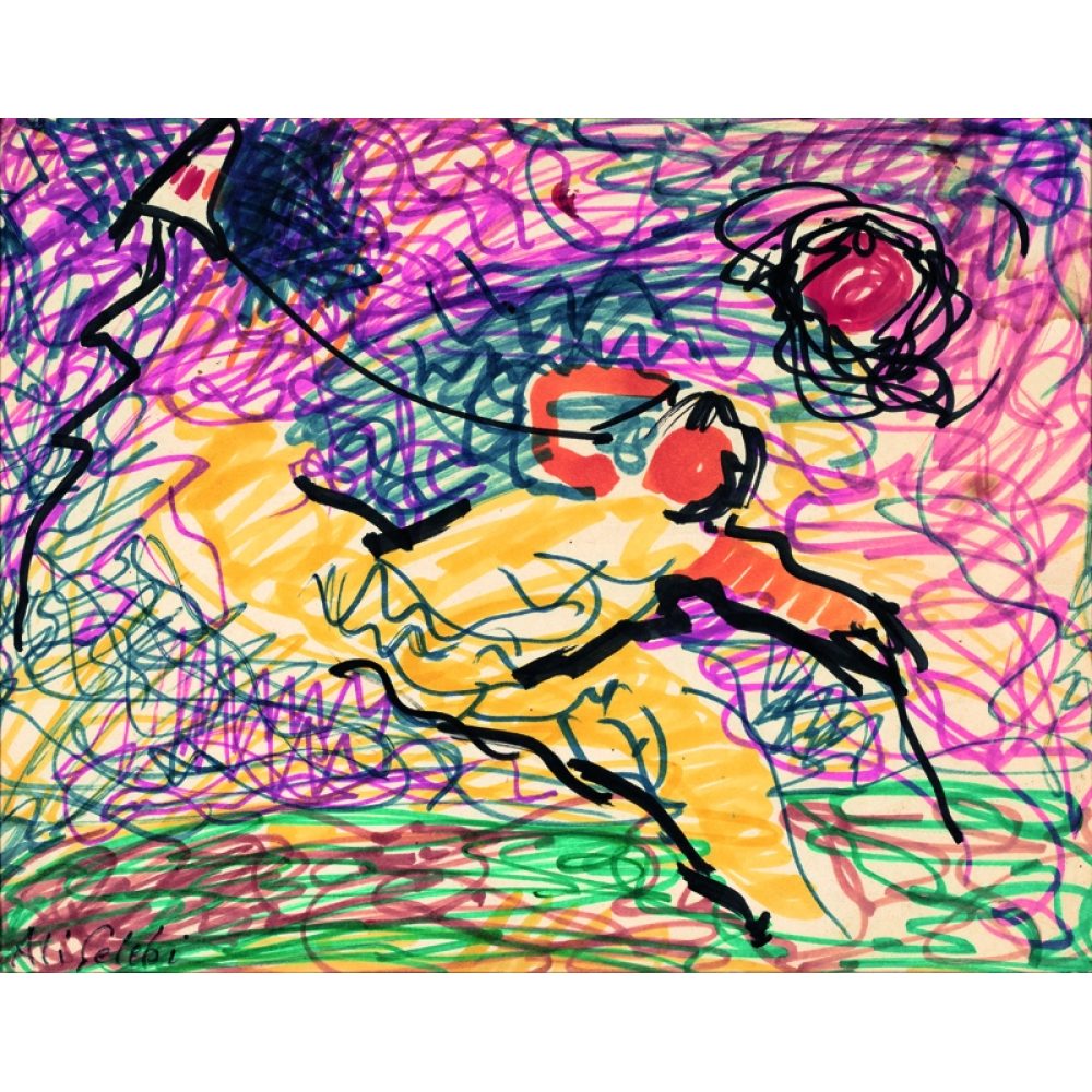 Abstract art with a central orange figure surrounded by swirling colorful lines. Alt-text generated by AI.