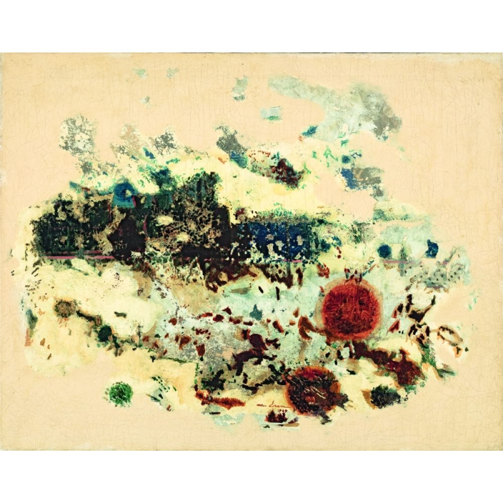 Abstract painting with organic forms and a variety of earthy colors. Alt-text generated by AI.