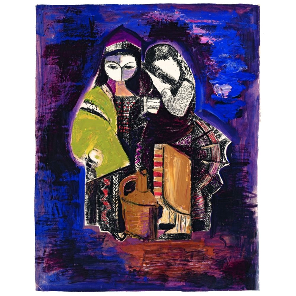 Abstract painting of two figures in patterned flowing garments with a blue background. Alt-text generated by AI.