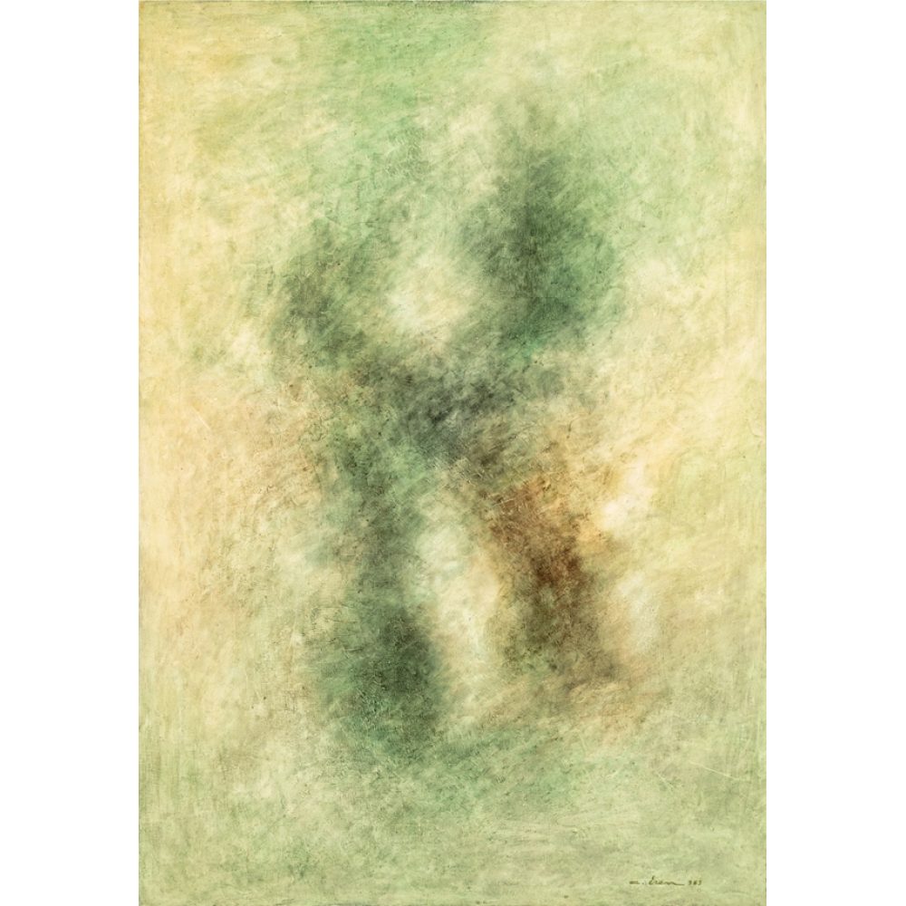 Abstract painting with muted greens, browns, and creams, featuring a central blurred shape. Alt-text generated by AI.