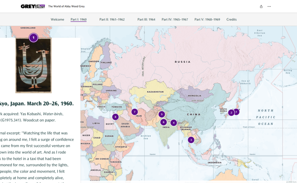 Webpage showing a map with purple location markers and an artwork titled "Water-birds" on the left. The text on the page reads: Grey Art Gallery. The World of Abby Weed Grey. Welcome. Part I: 1960. Part II: 1961-1962. Part III: 1964. Part IV: 1965-1967. Part V: 1968-1969. Credits. Tokyo, Japan. March 20–26, 1960. Work acquired: Yas Kobashi, Water-birds, n.d. (G1975.341). Woodcut on paper. Journal excerpt: “Watching the life that was going on around me, I felt a surge of confidence that came from my first successful venture on my own into the world of art. And as I rode back to the hotel in a taxi that had been summoned for me, surrounded by the lights, the people, the color and movement, I felt completely at home and completely alive . . .”