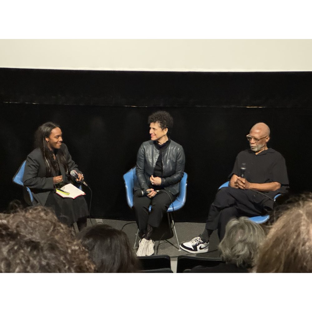 Three people on a panel speaking to a crowd