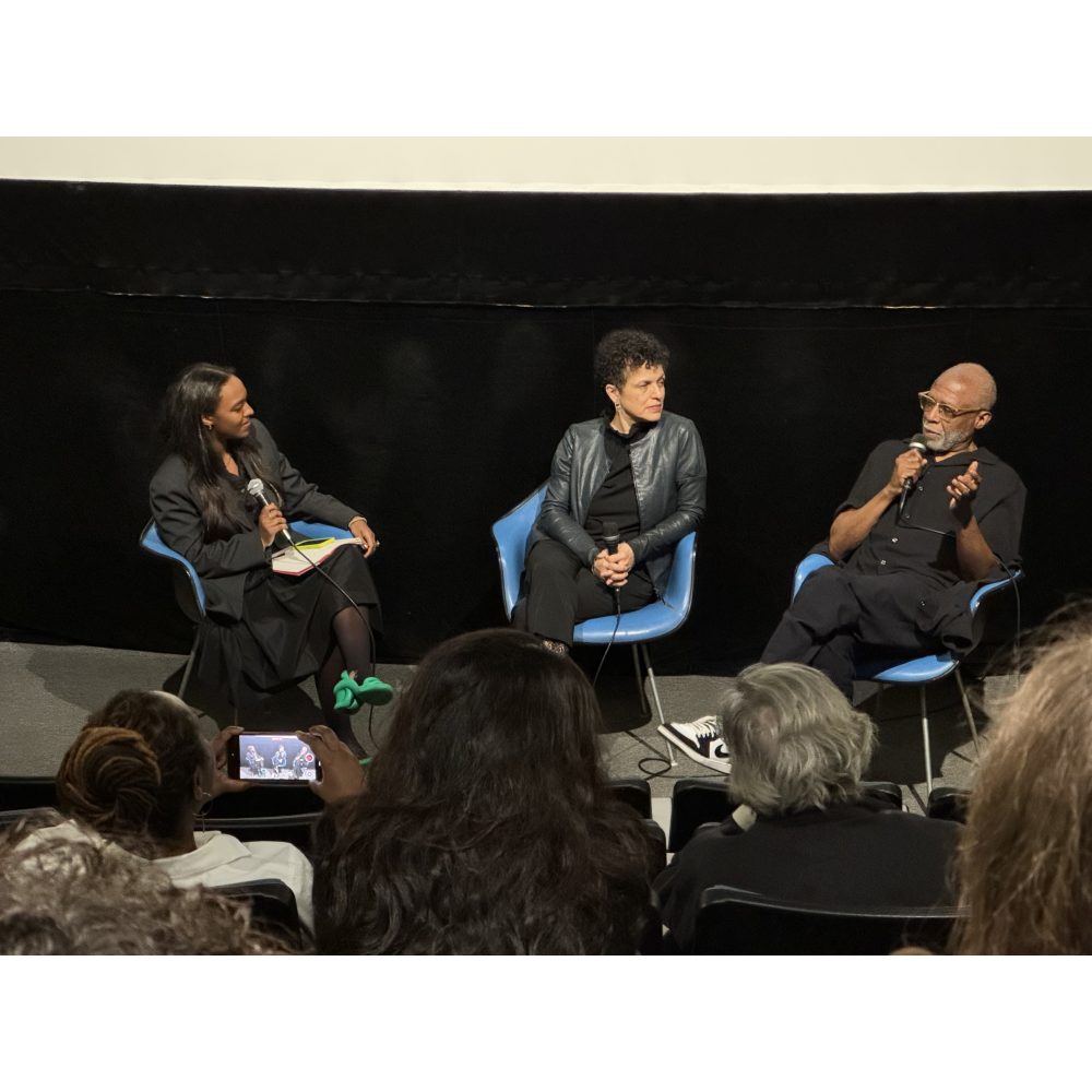 Three people on a stage on a panel speaking to a crowd