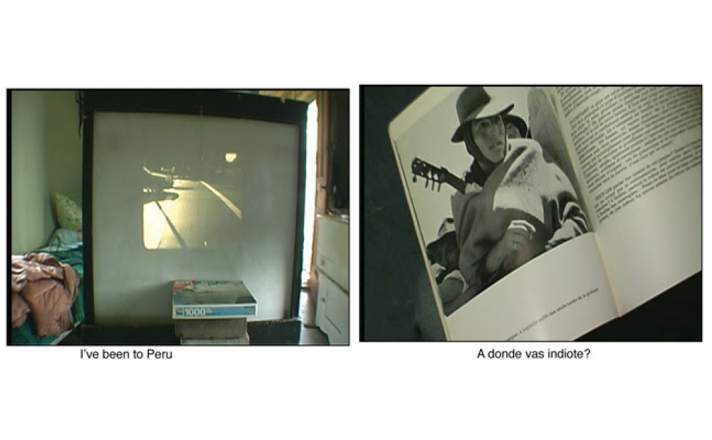 A split image of a projection screen in a room and an open book with a black and white photograph. Text below the images read: "I've been to Peru" (left side), "A donde vas indiote?" (right side).