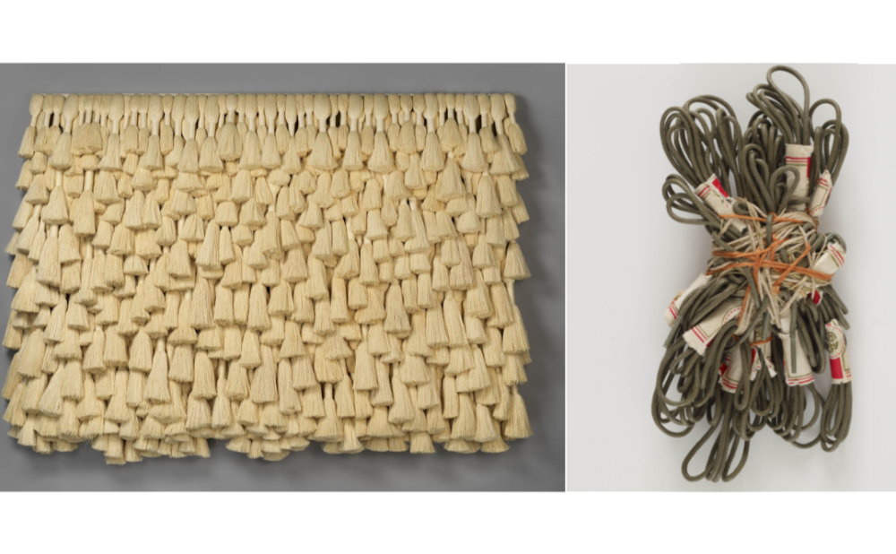 On the left side of the image is a cream-colored, linen tapestry made of layered tassels by artist Sheila Hicks; on the right side of the image is a small sculpture comprised of bits of with leather, linen, paper, and silk in the colors olive, orange, red, and white made by artist Sheila Hicks.