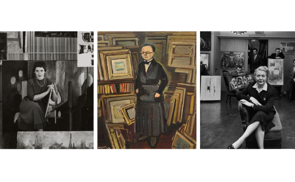 Three images side by side. The first is a black and white portrait of Virginia Zabriskie, who is seated at the center of a room, surrounded by artwork. The middle image is a painting by George Kars of Berthe Weill, who is standing in a room filled with artwork. The third image is a black and white photograph by Louis Faurer of Edith Halpert, who is seated in a room surrounded by artwork.