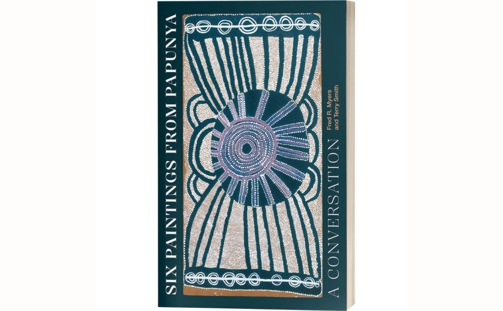 Cover of book titled Six Paintings by Papunya, featuring a Papunya painting of organic geometric patterns and earthy tones