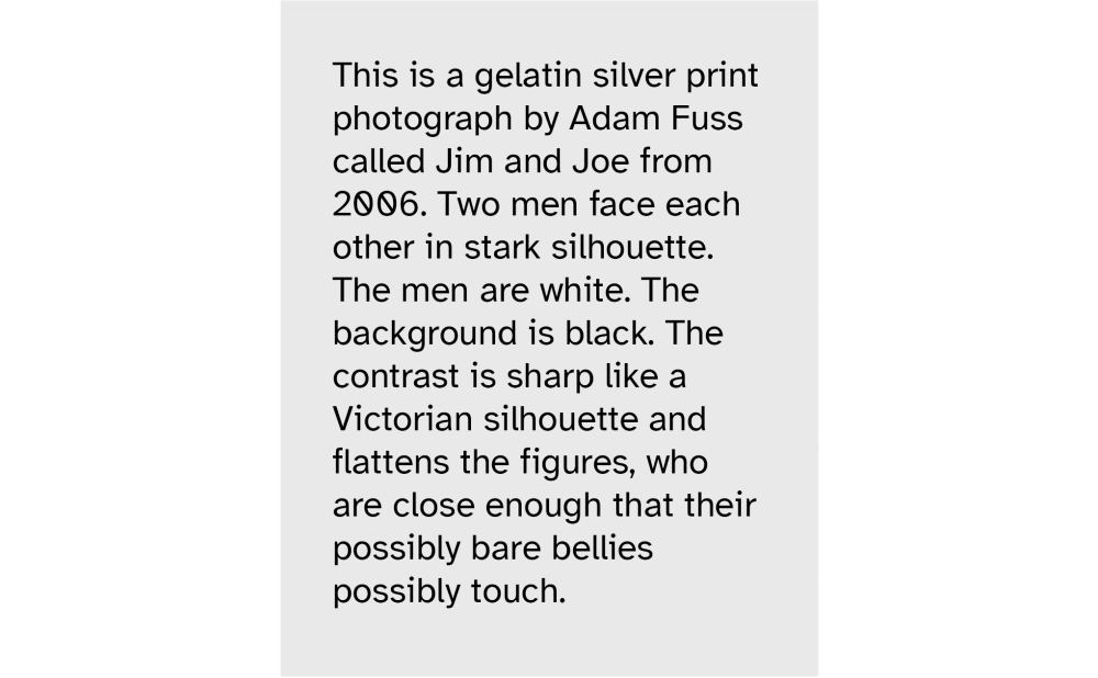 Alt-text screenshot reading: This is a gelatin silver print photograph by Adam Fuss called Jim and Joe from 2006. Two men face each other in stark silhouette. The men are white. The background is black. The contrast is sharp like a Victorian silhouette and flattens the figures, who are close enough that their possibly bare bellies possibly touch.