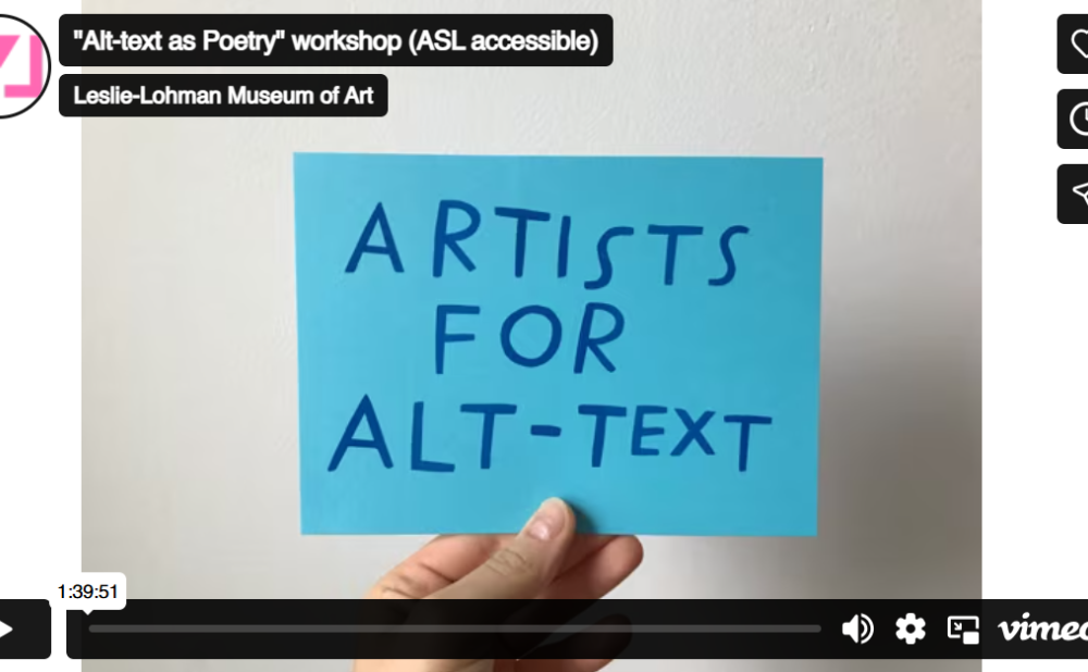 Vimeo video thumbnail for "Alt-text as Poetry" workshop showing a hand holding a blue card with "ARTISTS FOR ALT-TEXT" text.