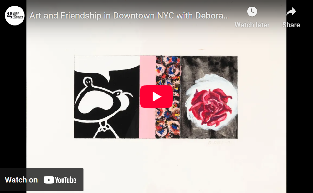 YouTube video thumbnail with abstract artwork featuring cartoon and floral elements, a pink stripe, and a play button.