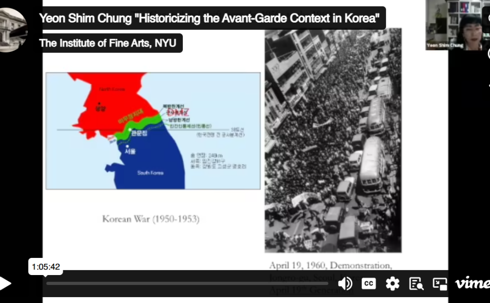 Vimeo thumbnail with title "Yeon Shim Chung 'Historicizing the Avant-Garde Context in Korea'" showing a Korean map and a 1960 Seoul demonstration photo.