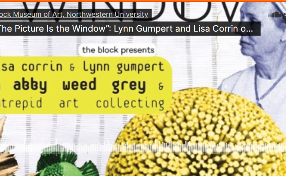 SoundCloud banner for a conversation by the Block Museum of Art featuring visuals of a person, a yellow flower-like object, and media controls.