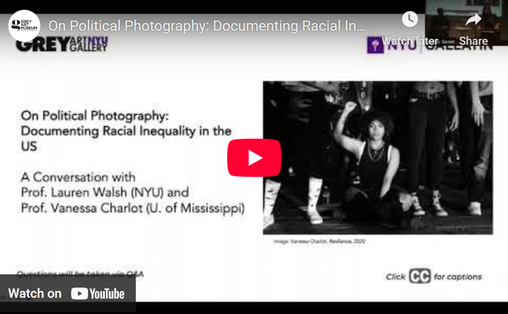Thumbnail for a video titled "On Political Photography: Documenting Racial Inequality in the US" with conversation details and a protest photograph by Vanessa Charlot.
