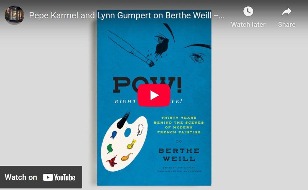 YouTube video thumbnail showing the cerulean blue cover of "POW! Right in the Eye!" by Berthe Weill.