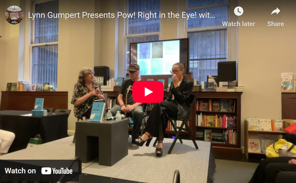YouTube video thumbnail for a literary event in a bookstore showing three people on stage discussing a book titled "Pow! Right in the Eye!"