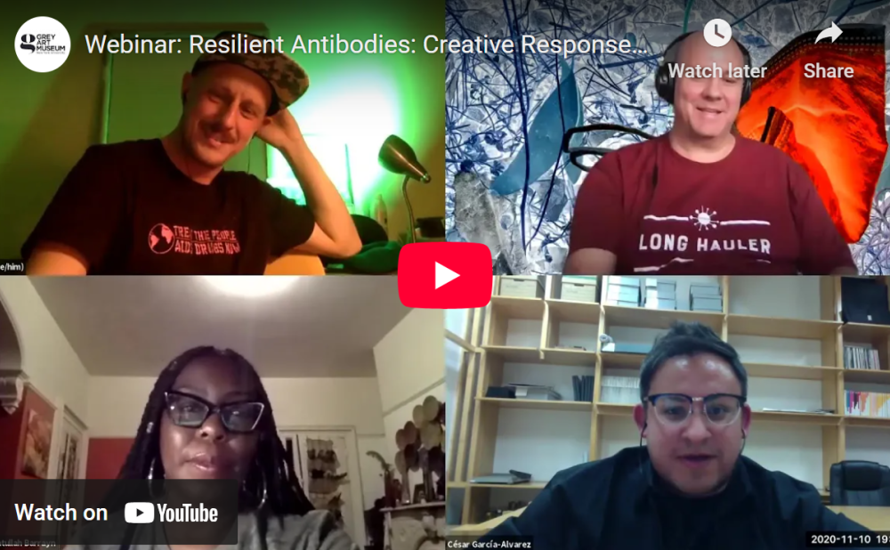 YouTube video thumbnail featuring a four-person video call for the "Resilient Antibodies: Creative Response" webinar.