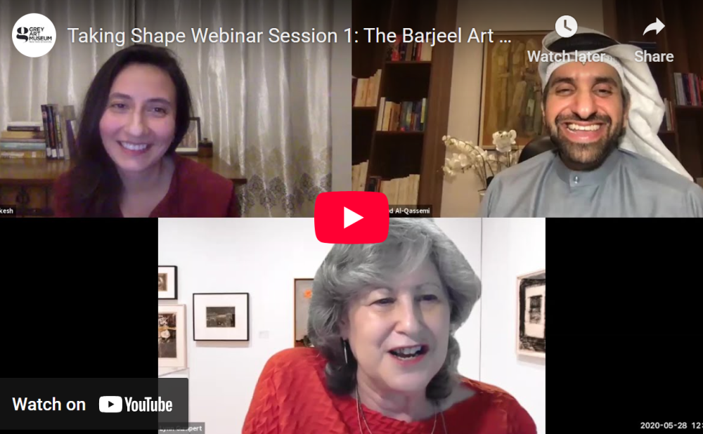 YouTube thumbnail showing three speakers—a smiling woman with long dark hair wearing a maroon blouse, a smiling man in traditional Emirati attire with a headscarf, and a woman with gray hair and wearing an orange top—in a webinar titled "Taking Shape Webinar Session 1."