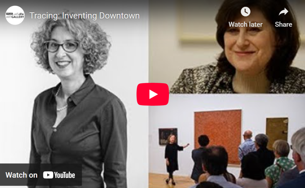 YouTube thumbnail for "Tracing: Inventing Downtown" featuring a collage of headshots of two women and an art gallery scene showing a woman lecturing to visitors about the art.