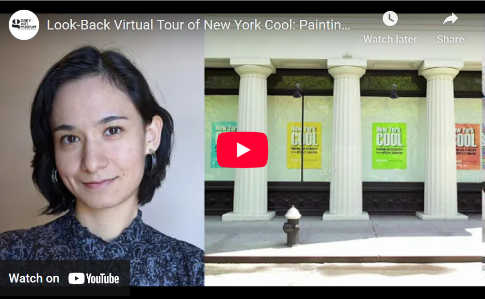 YouTube thumbnail with a smiling young woman's headshot on the left and a building with columns and colorful posters on the right.