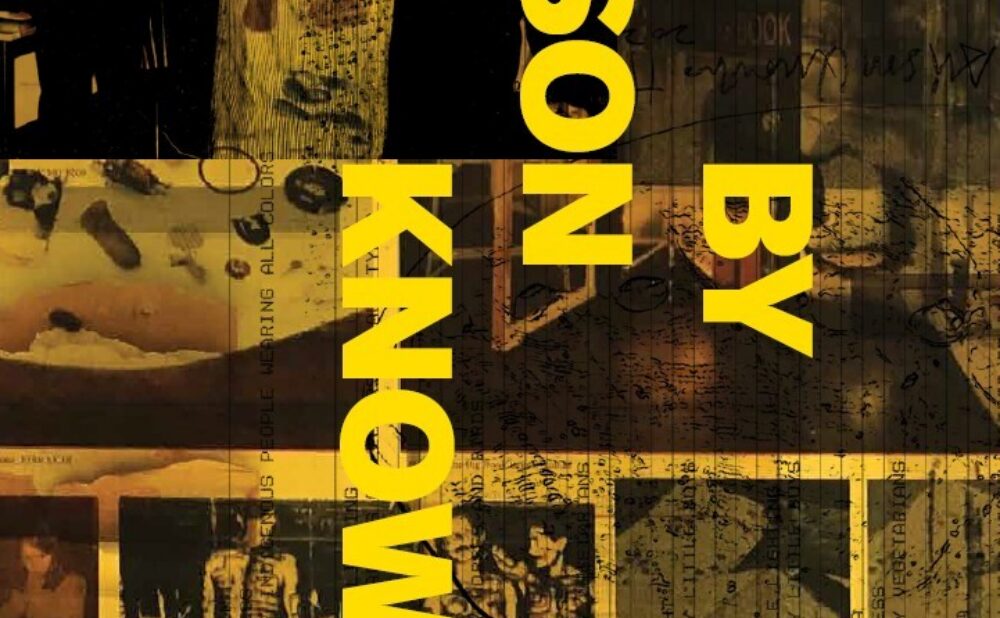 Book cover with yellow text in capital letters that reads "BY ALISON KNOWLES," written vertically across a background of collaged artwork images in yellow and black. "A Retrospective (1960–2022)" is written in smaller font at the bottom right corner of the image.