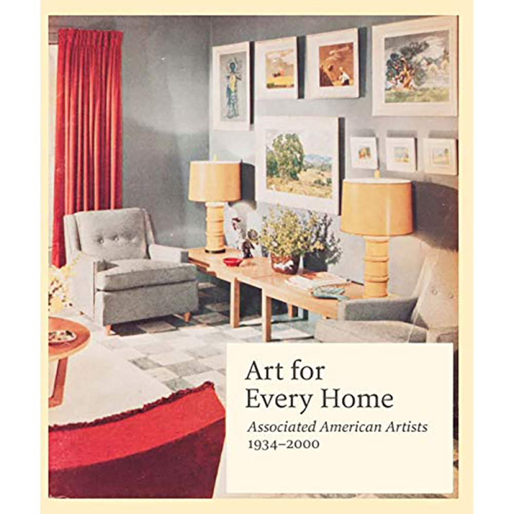 Book cover featuring a mid-century modern living room with gray armchairs, gold lamps, and framed artworks, with the title "Art for Every Home" in a corner text box.