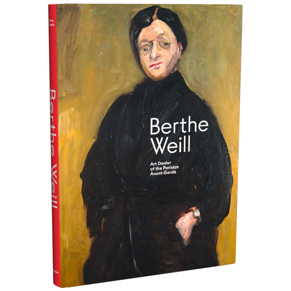 Book cover of "Berthe Weill: Art Dealer of the Parisian Avant-Garde" featuring a painted portrait of a woman with short hair, glasses, a black dress, and a watch.