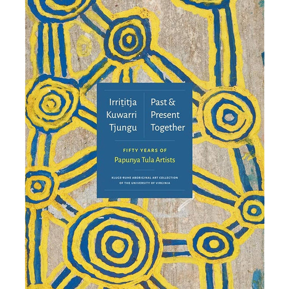 Book cover with abstract Aboriginal art featuring yellow and blue circular patterns, with a blue rectangle containing title text.