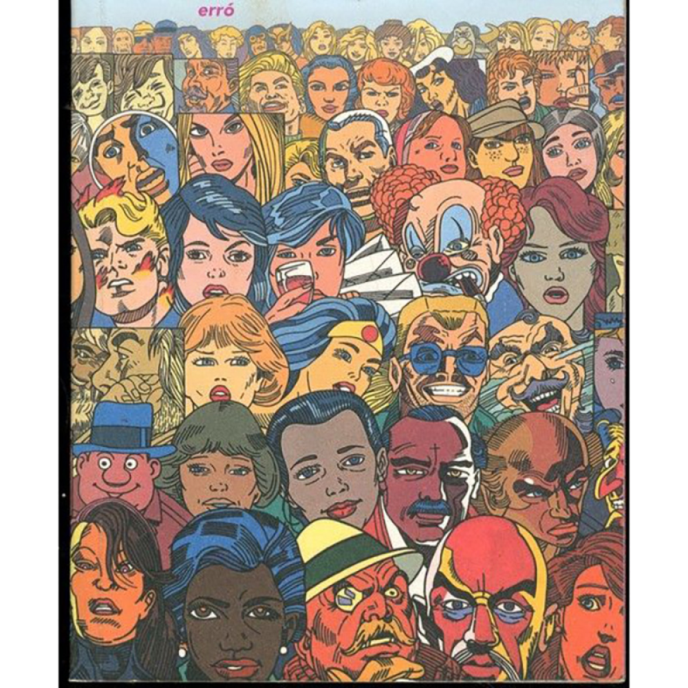A book cover featuring a collage of colorful, cartoon-style faces with varied expressions and the word erró in small pink text at the top.