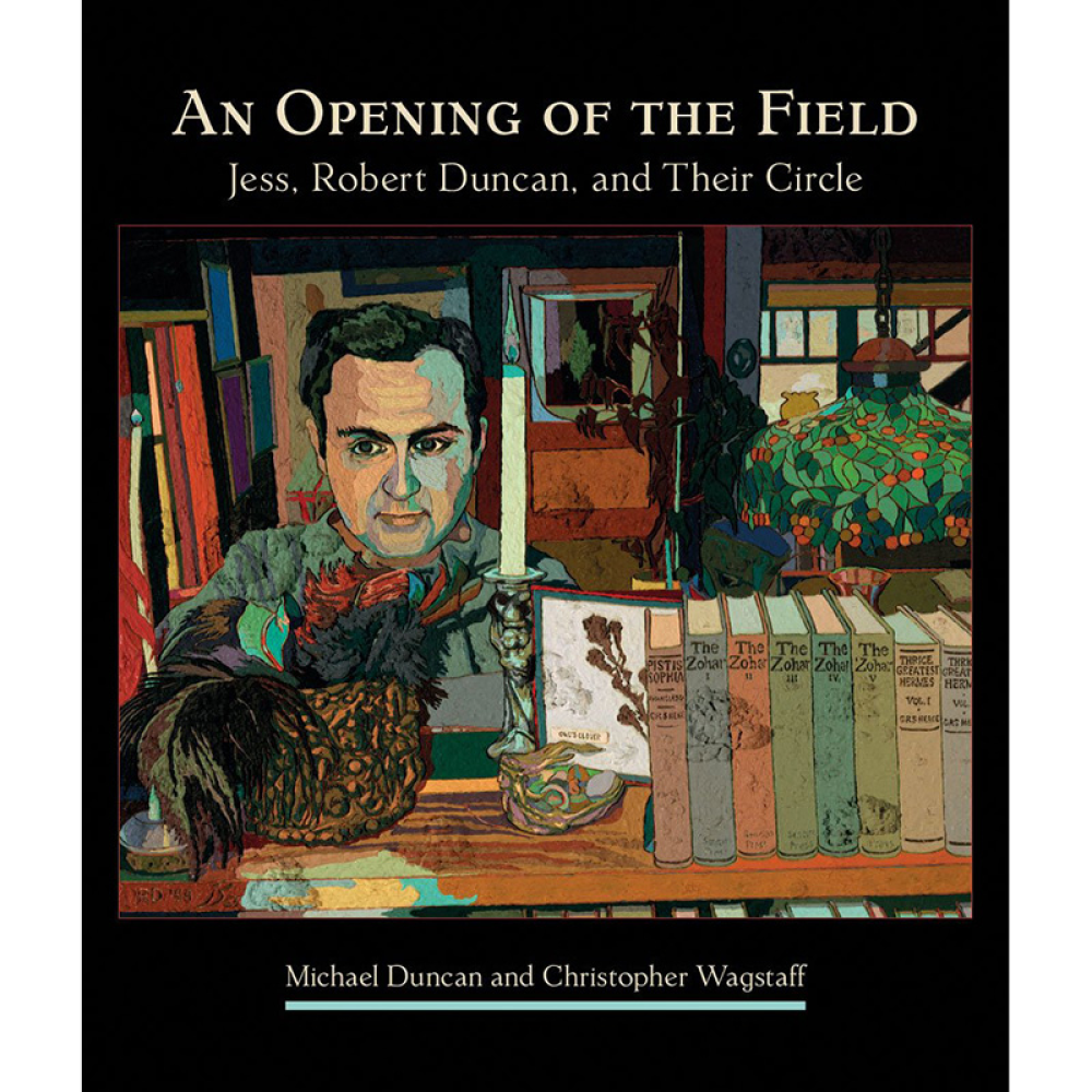 Book cover titled "An Opening of the Field" featuring an illustration of a man surrounded by books and objects.