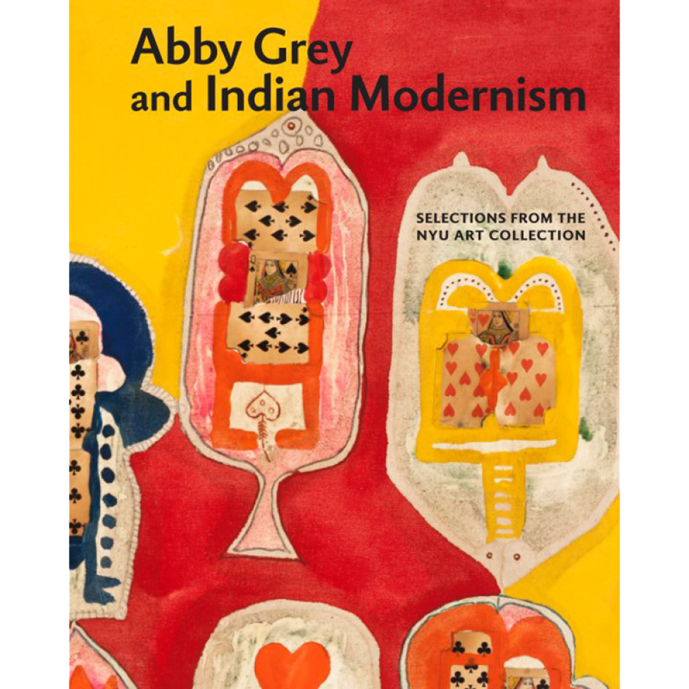 Book cover titled "Abby Grey and Indian Modernism" featuring vibrant abstract designs with playing card motifs in red, yellow, and orange hues.