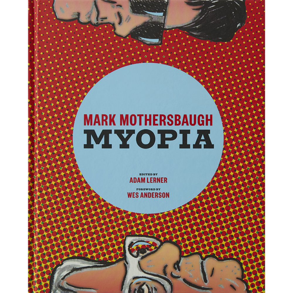 Book cover for "Mark Mothersbaugh Myopia" with a red and yellow dotted background and halves of illustrated heads facing each other, with stylized black hair and glasses, one upside down.