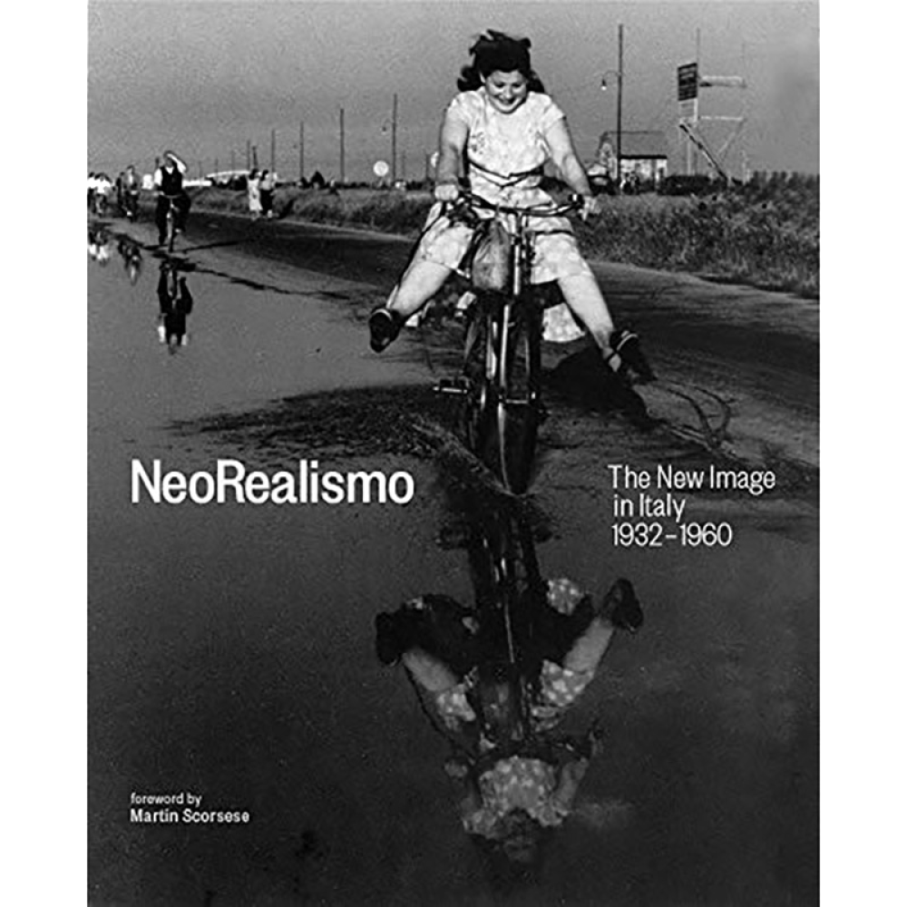 Black-and-white book cover featuring a vintage photo of a girl bicycling through a puddle, titled "NeoRealismo: The New Image in Italy 1932–1960."