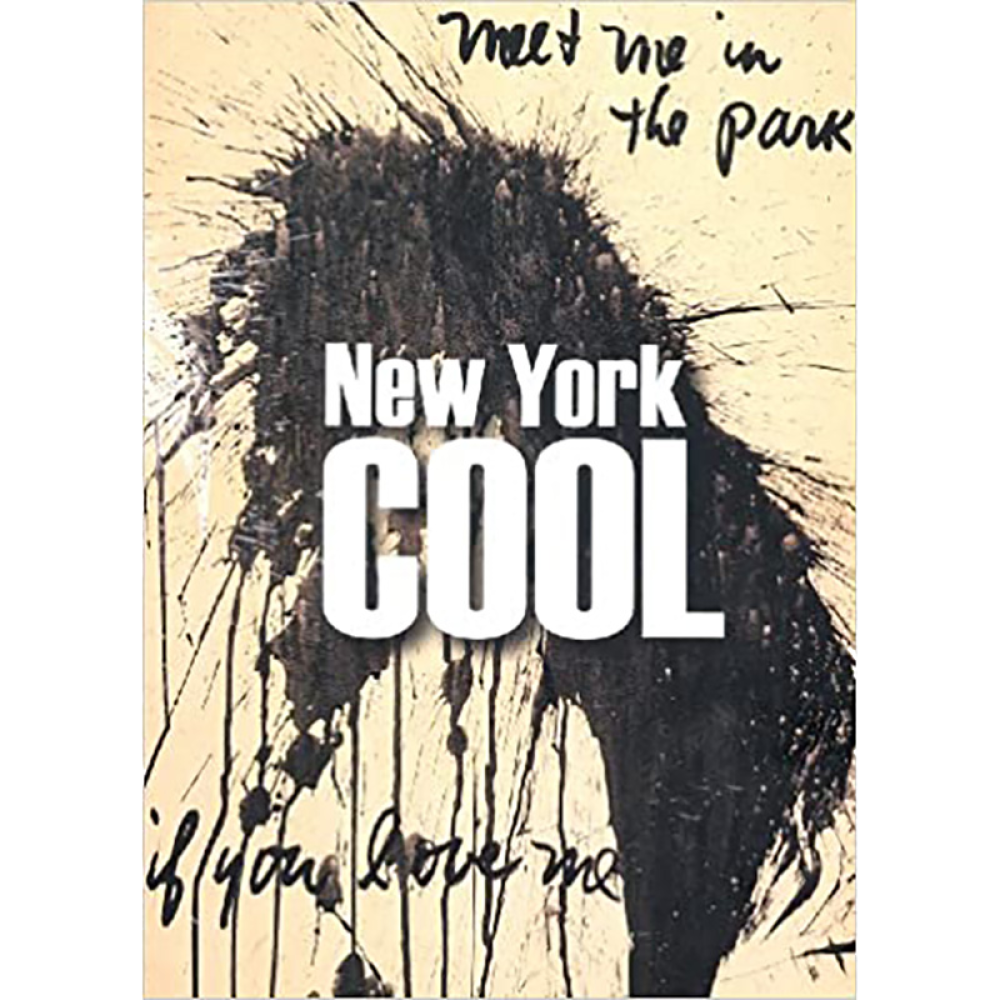 Book cover of "New York Cool" with black ink splatter and handwritten text reading, in part, "Meet me in the park"