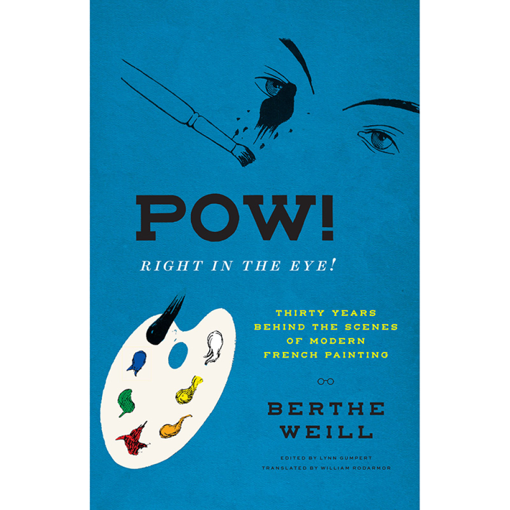 Book cover with blue background featuring an artist's brush, text "POW! RIGHT IN THE EYE!" and a painter's palette with colorful paint dabs.