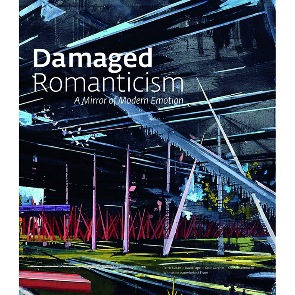 Book cover titled "Damaged Romanticism: A Mirror of Modern Emotion" with abstract artwork of intersecting lines and beams in dark blue and red tones.
