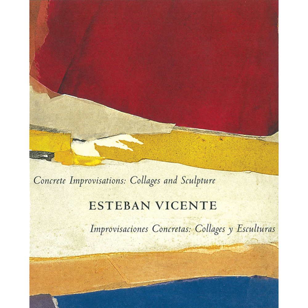 Book cover with abstract collage art in red, gray, yellow, and blue with the title "Concrete Improvisations: Collages and Sculpture" and "Esteban Vicente."