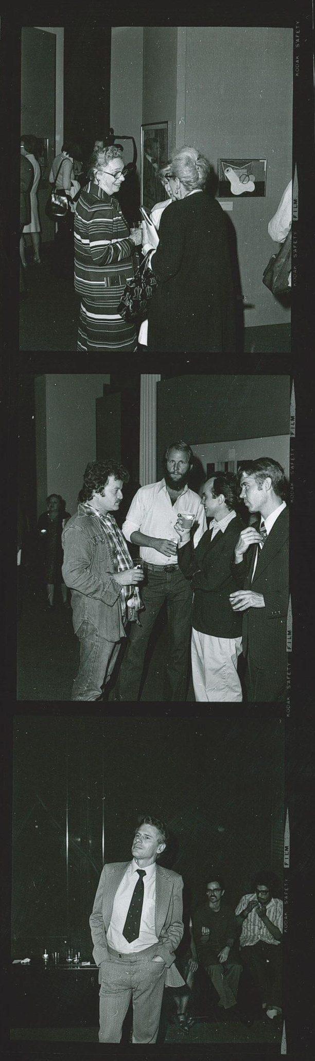 A contact sheet with black-and-white images of people at an art museum reception in the 1970s.