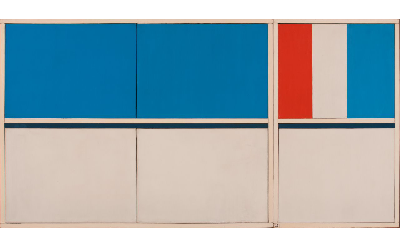 Abstract painting with blue and white rectangles, plus red, white, and blue vertical stripes.