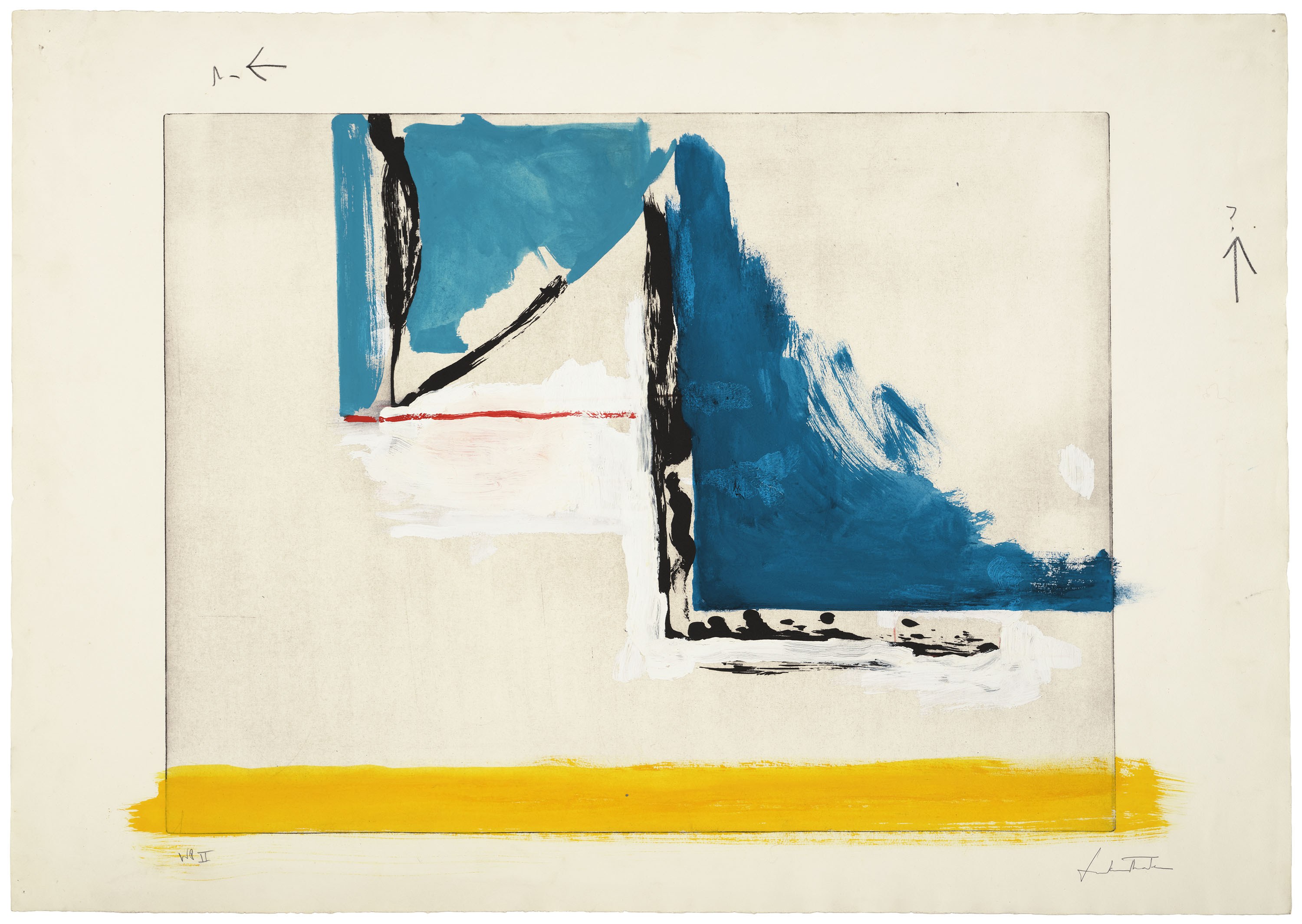 Abstract print with blue, white, and yellow brushstrokes on a beige background. Alt-text generated by AI.