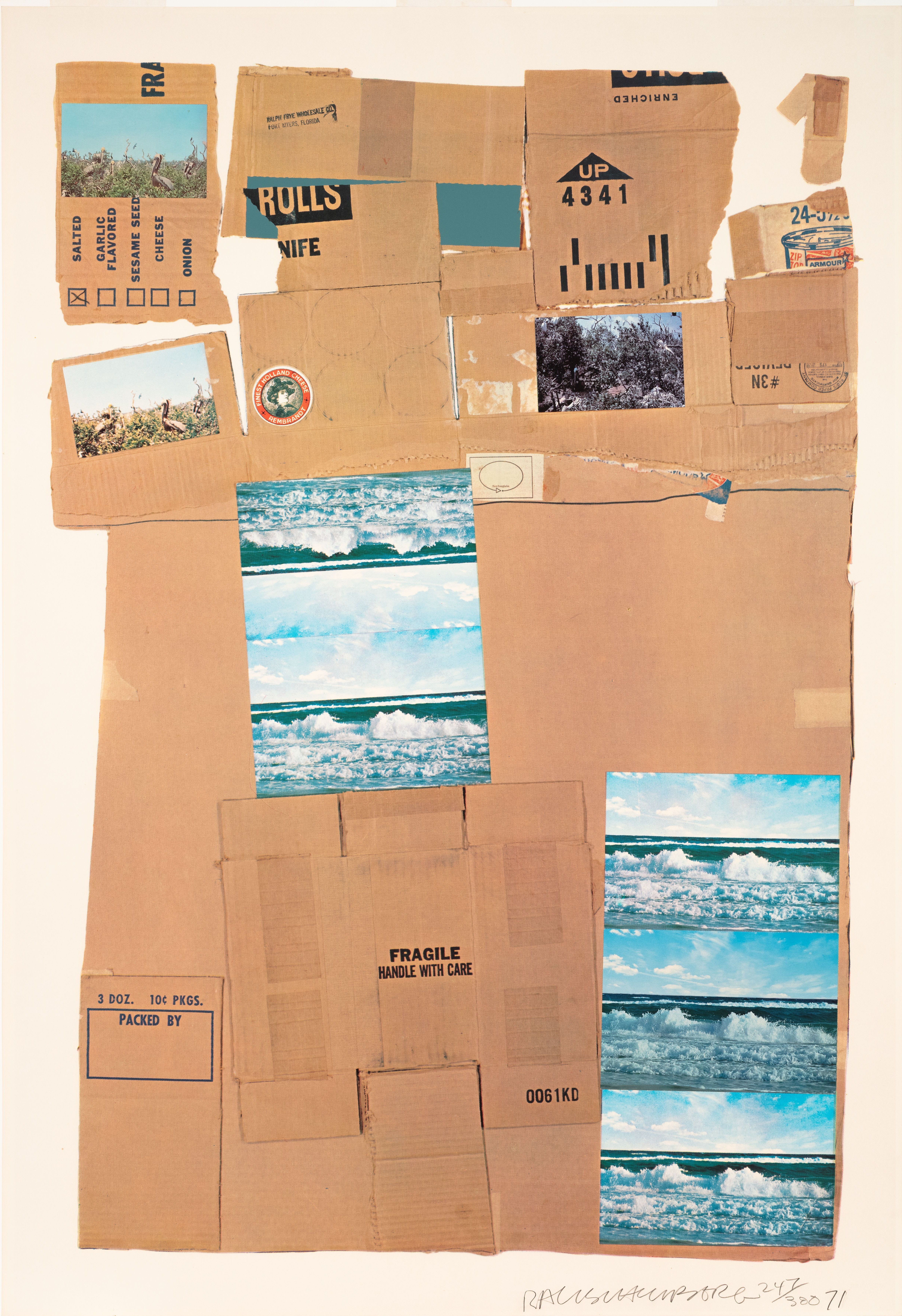 A print that reproduces flattened cardboard shipping boxes and postcards showing ocean views and brown pelicans, with some collaged postcards atop the print