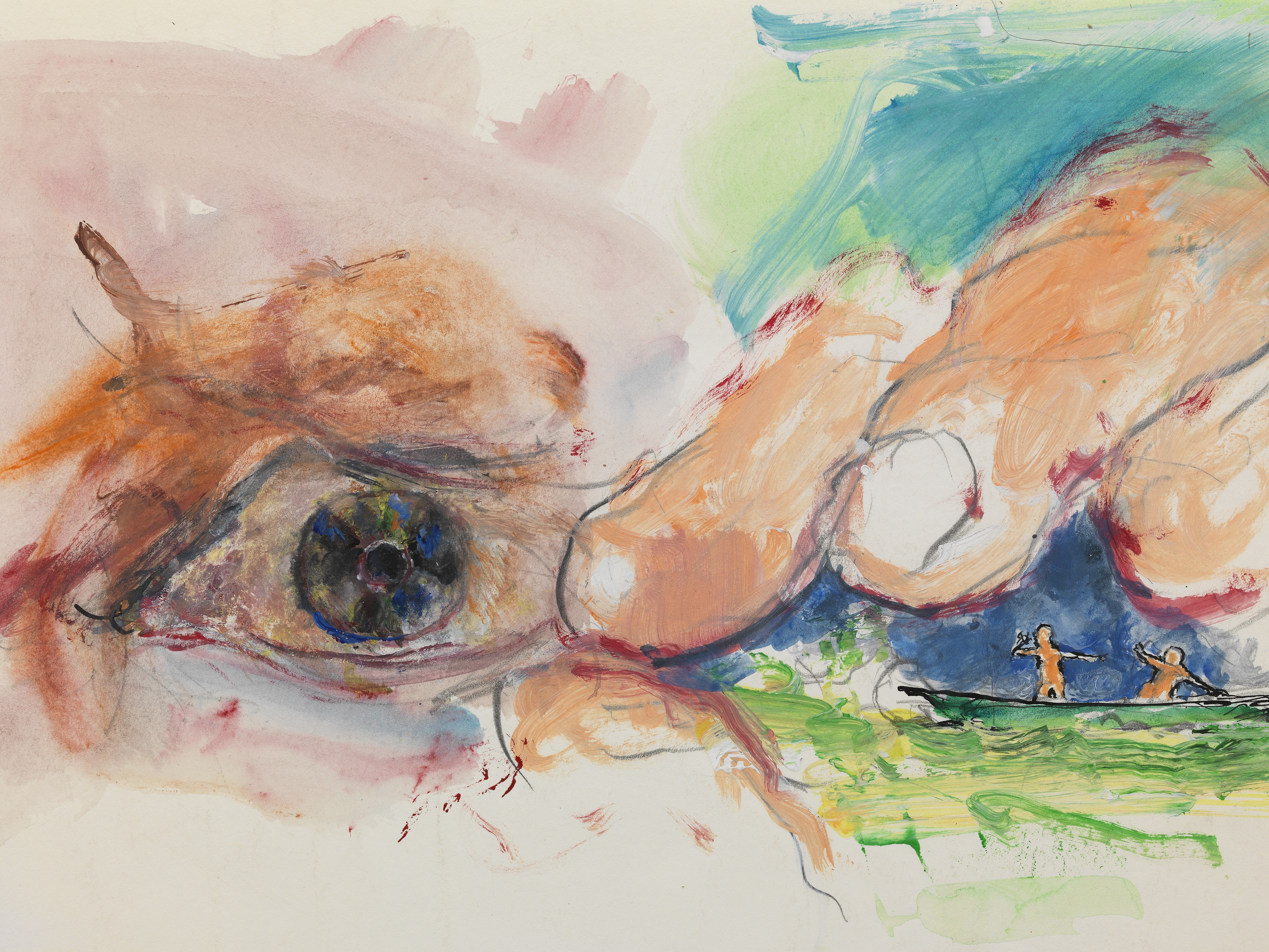 Detail of a colorful abstract painting that features an eye and fingers, with a small figural scene in the middleground